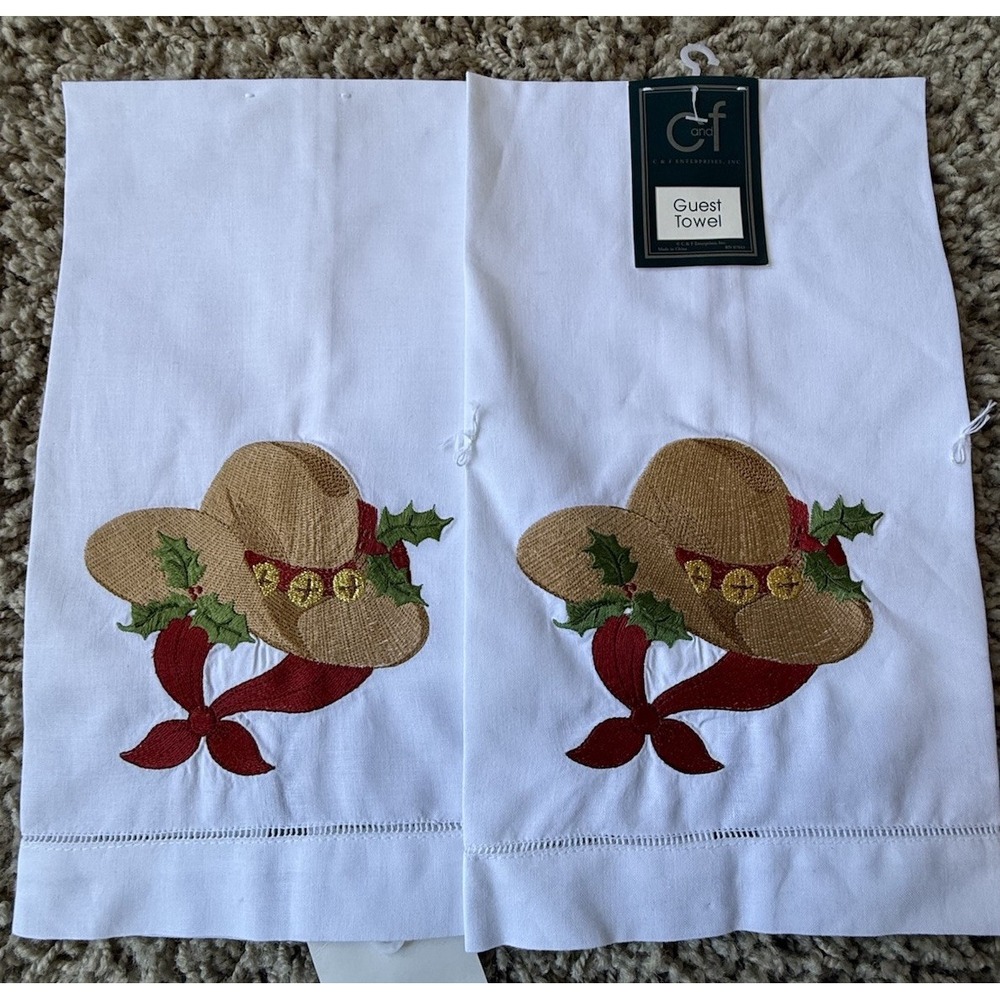 C & F Western Cowboy Hat Holly Christmas Guest Towels Set‎ Of 2 100% Cotton